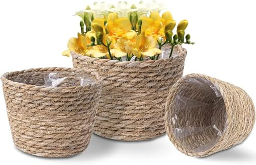 Xaztr 3 Pack Seagrass Planter Basket, Flower Pots Cover Storage Basket Plant Containers, Woven Planter Baskets for Indoor Outdoor Plant and Home Decor