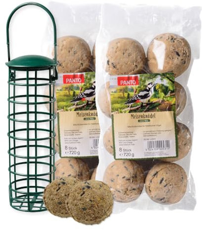 PANTO Wildvogelfutter Meisenknödel-Set inkl. Meisenknödelspender & 2x8er Set netzloser Meisenknödel, nachhaltige Futterstation für Meisenfutter, energiereiches Vogelfutter