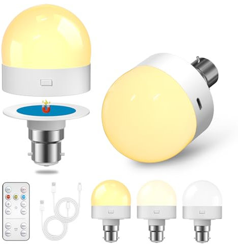 Lamptobe B22 Rechargeable Light Bulb,1.5W LED Dimmable Rechargeable Night Light with Remote Control, 3 Color Temperatures, Bayonet Detachable Cordless Bulb for Non - Hardwired Lamps, 2 Pack