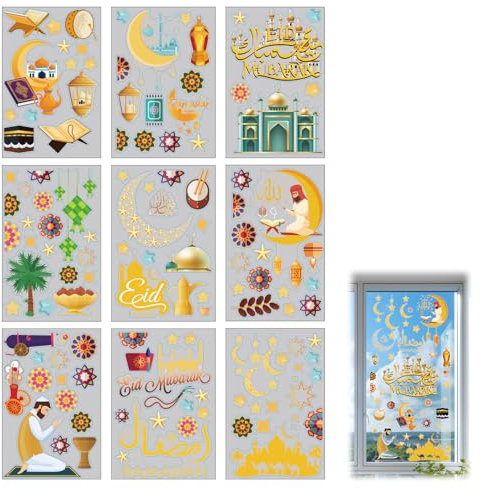 9 Stück Ramadan Deko,Ramadan Sticker,Mubarak Aufkleber Eid Fenster Selbstklebend,Fensterbilder Fensteraufkleber Fensterdeko,für Halbmond Stern,Ramadan-Kareem-Fensteraufkleber,Ramadan-Festaufkleber