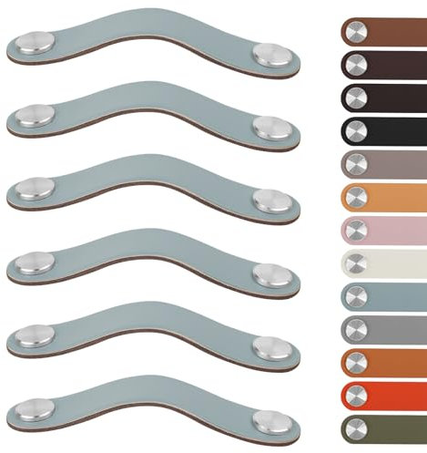 LEREATI Lot de 6 Poignee Cuir, Poignee de Meuble Cuir Cuisine Bouton de Tiroir de Portes pour Placards, Armoires, Commode, Cuisine, Salle de Bain (Trou de Montage 96mm, Argent + Bleu)
