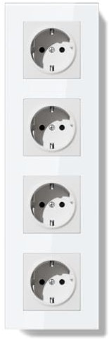 BSEEDLIFE Schuko Steckdose Unterputz EU Standard, 86 * 299mm Wandsteckdose 16A mit Glasrahmen, Einfach Installation, Klappkrallen, Typ F Steckdose mit Erdung，4-Fach Weiß