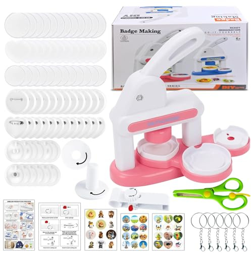 UIOK Buttonmaschine, 3-in-1 Button Maker Maschine Rosa Buttons Selber Machen, Buttons Buttonmaschine DIY Pin Maker mit Knopfteilen, Abzeichen Macher Maschine für Abzeichen, Spiegel, Brosche (Rosa)