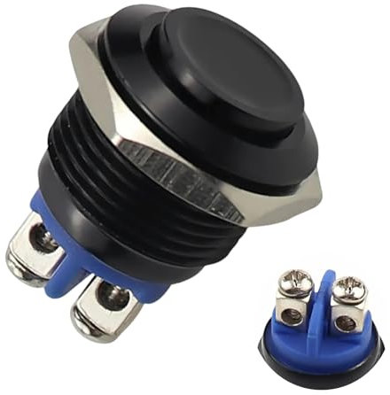 leruiyezs Pulsador Momentáneo 16mm Impermeable IP65 Interruptor 12V 250V AC 5A Botón de Aleación de Aluminio Negro para Timbre Coche Barco Hogar Electrónica SPST 1NO