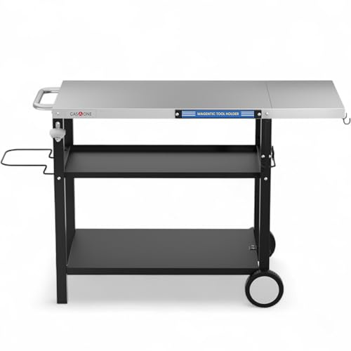 GasOne Grilltisch aus Edelstahl – 111,8 x 50,8 cm Rollbarer Grillwagen – Multifunktionaler Outdoor-Beistelltisch mit Seitenablage, Müllbeutelaufhänger, Werkzeughalter – ideal für