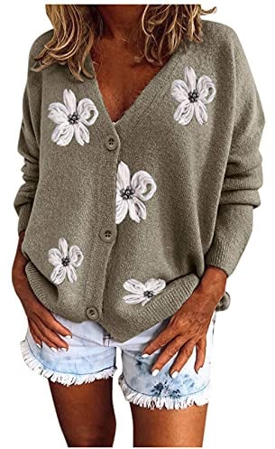 Generisch Broche papillon Pull décontracté avec col en V Cardigan Femme Grosse maille Rouge
