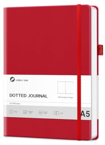 Lonely Oak Notizbuch A5 Hardcover Bullet Dotted Journal 120g/m²Dickes Premium Säurefreies Papier, 156 Seiten Journal mit Gummiband & Innentasche, 14,5 x 21,3 cm(Rot)