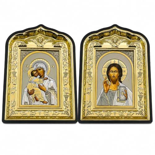 Generisch misticSparks Ikonen-Set 2er – Maria mit Kind & Jesus Christus mit Bibel – christliche Ikonen 14x10 cm, schwarzer Rahmen, zum Aufstellen oder Aufhängen