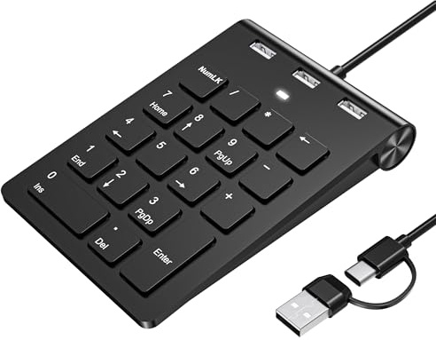 Pavé Numérique avec câble USB, USB A/USB C Clavier Numérique Ergonomique Portatif Mini avec 3 USB 2.0 Ports, Pavé de Calcul de Bureau 18 Touches pour Ordinateur Portable, Surface Pro, PC, iMac, iPad
