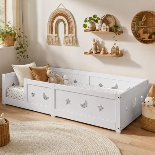 KRYZOR Cama infantil Cama en el suelo 90x200 cm, Montessori Cama con barreras para niños con Protección contra Caídas y somier de lamas, cama de madera para niños, Blanco (Blanco/a)