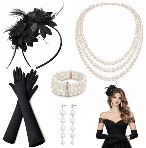 kelav Great Gatsby Accessoires Set, 20er Jahre Damen Accessoires, 6-teiliges Set Mit Perlenkette Armband Federblume, 1920er Jahre Kostüm Für Party Hochzeit Halloween Weihnachten