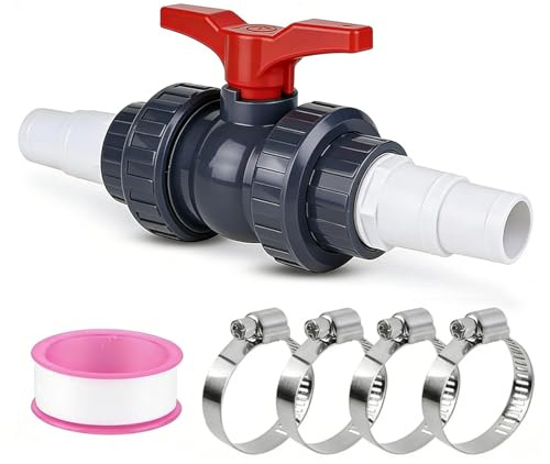 Robinet à boisseau sphérique en PVC avec raccord de tuyau pour piscine - 1 robinet d'arrêt de 50 mm - 2 douilles de tuyau de 32 à 38 mm - Adaptateur de piscine - Valve sphérique pour piscine et pluie