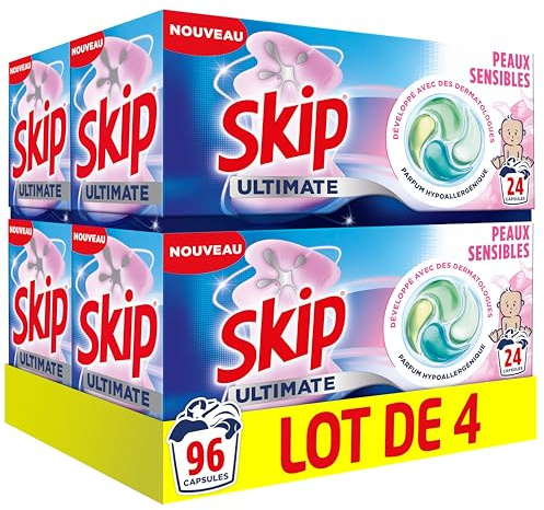 Skip - Capsules Lessive, Ultimate 4en1, Peaux Sensibles, 4x24 Lavages | Pastilles hypoallergéniques pour peaux sensibles, nettoyage efficace dès 20 degrés, formule dermatologique pour cycles courts