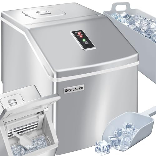 TecTake® Machine à glaçons Silencieuse Appareil à glacons, 24 glaçons en 15 Minutes, Glaçons Transparents, Affichage LED, avec Cuillère à Glace, Ice Maker - Argent
