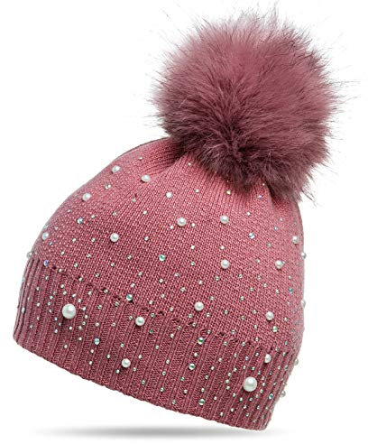Caspar MU143 Damen Fein Strick Winter Mütze mit Fellbommel, Farbe:altrosa, Größe:One Size