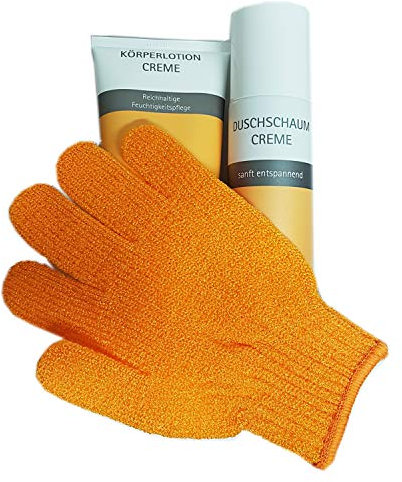Spitzner Körperlotion & Duschschaum (150 ml) “Cremegefühl“ im Set | + Gratis Massagehandschuh | sanft reinigender Schaum | zart pflegende Körperlotion | dermatologisch getestet