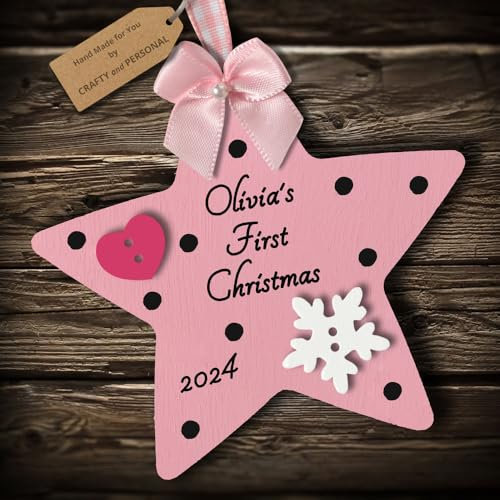 Multi-Colour Personalised Baby's First 1st Christmas Bauble Star tree decoration gift wooden hanging ornament keepsake for boy or girl (Pink #1)