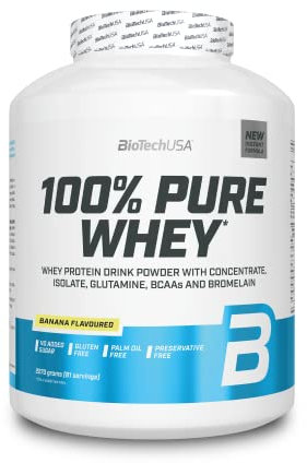 BioTechUSA 100% Pure Whey | Proteinpulver mit BCAA und Glutamin | Glutenfrei, Palmölfrei | 21g Protein pro Portion, 2.27 kg, Banane