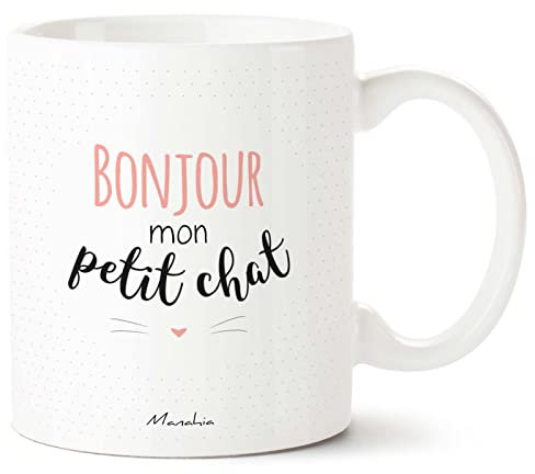 Manahia Mug Chat - Bonjour mon petit chat - Rose - Imprimé en France - Avec boite Kraft - 330 mL Céramique - Cadeau Saint Valentin - Cadeau Femme - Tasse Chat - Amour
