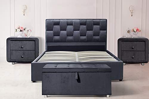 Comfy Living 4ft6 Double Plush Velvet Weaved Headboard Storage GreyOttoman Bedframe Bedsides Blanket Box (No Bed Side Tables Or A Blanket Box, Lucy Mattress)
