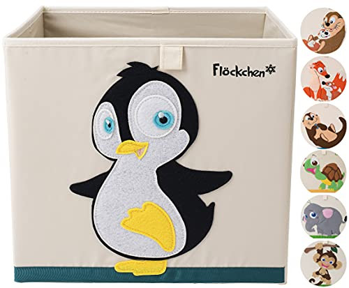 Flöckchen Kinder Aufbewahrungsbox, Spielzeugbox für Kinderzimmer I Spielzeug Box (33x33x33) passt ins Kallax Regal I Kinder Motiv Tiere (Polly der Pinguin)