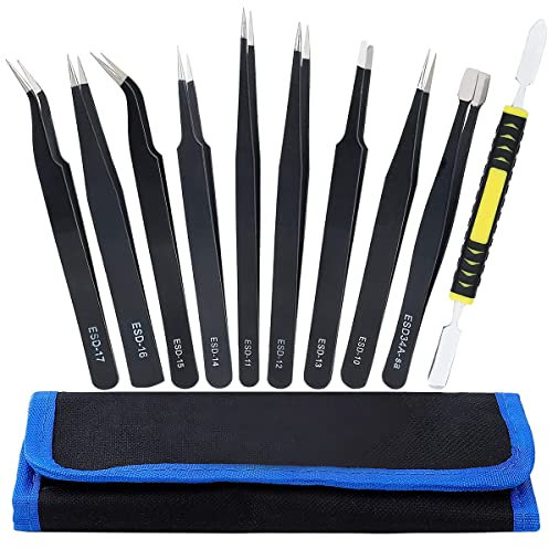 Pinzas de Precisión Kit, 10Pcs ESD Anti-estática Acero Inoxidable Pinzas Industriales para Electrónica, Joyería, Trabajo de Laboratorio, Artesanía