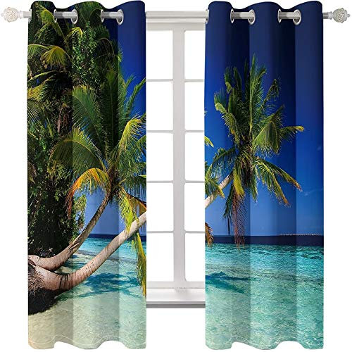 Daesar Schlafzimmer Verdunklungs Vorhang Kinderzimmer, Wohnzimmer Vorhänge Ösen Blickdicht 214x115CM Gardinen Vorhänge Polyester Motiv 2 Stück Palmen Meer