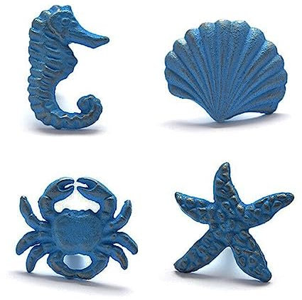 Primst Beach Ocean Theme Cast Iron Drawer Knobs, Sea Horse Starfish Crab and Seashell Cabinet Handle Pulls for Drawer, Door, Dresser, Cupboard, Pack of 4 (Blue)