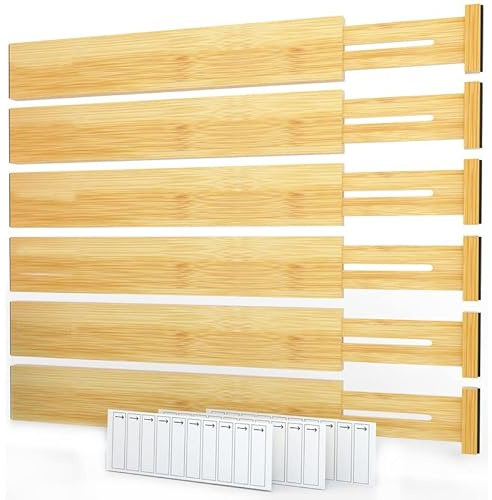 SpaceAid Schubladenteiler aus Bambus mit Etiketten, verstellbare Schubladen-Organizer, erweiterbare Organisation für Zuhause, Büro, Kommoden und Badezimmer, 6 Trennwände (43,2–55,9 cm)