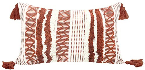 LIGICKY Boho Kissenbezug Büschelige Dekorative Kissenbezüge Getuftet Weich Kissenhülle mit Quaste Baumwolle Kissen Boho für Sofa Couch Schlafzimmer Wohnzimmer Büro Auto, 30 x 50 cm, Rot und Weiß