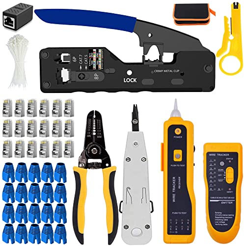 OKVNUO-TECH RJ45 Pince à Sertir Outil de Sertissage de Réseau Professionnel pour Prises de Câble Ethernet RJ45 Cat7 Cat6a Cat6 Cat5 RJ11 (Orange)