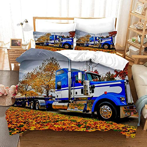 LUYAPOND Bettwäsche 135x200 Blauer LKW Bettwäsche Set für Kinder, Mikrofaser Bettbezüge, 1 Bettbezug mit Reißverschluss + 1 Kissenbezug 80x80 cm