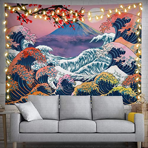 Japanischer Wellen-Wandteppich Kanagawa Great Wave 203,2 x 152,4 cm Kirschblüten Wandbehang Party Dekorationen Heimdekoration für Schlafzimmer Wohnzimmer Schlafsaal (200 x 150 cm)
