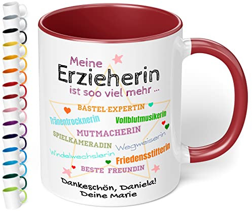 Tasse personalisiert Meine Erzieherin ist soo viel mehr - Dankeschön Kaffeetasse mit Spruch als Abschiedsgeschenk Kindergarten Kita für Erzieherin, Tagesmutter - spülmaschinenfest (Bordeaux)