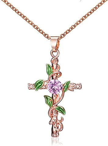 Dishowme Croix Infini Pendentif Collier Cristal Coeur Feuille Crucifix Collier Religieux Chrétien Chanceux 8 Bijoux pour Femmes Filles Ados (Or Rose A)