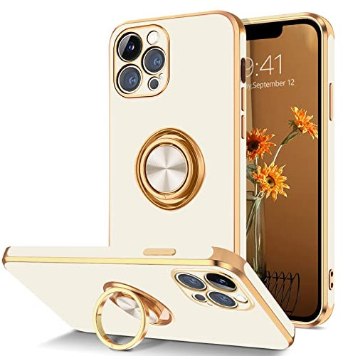 DOMAVER Case for iPhone 12 Pro with 360° Ring Holder, Shockproof Slim Kickstand Magnetic Support Car Mount Women Men Non-Slip Protective Phone Case for iPhone 12 Pro Max 6.7, White/Gold