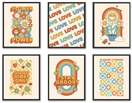 YIXIHOMPT Retro Flower Power Wandkunst, Groovy Hippie 70er Jahre Poster Preppy Room Dorm Decor Vintage Leinwanddruck Lustige Smiley Cartoon Blume, Regenbogen, Liebe, trendige Wanddekoration, ungerahmt