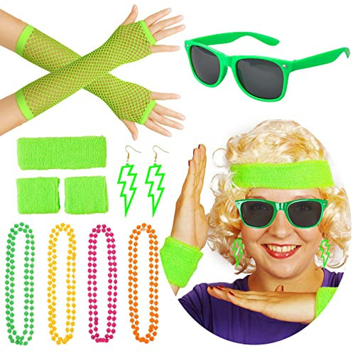BDSHUNBF 12 Stück 80er Jahre Outfit Accessoires Set, 80er Jahre Damen Kostüm Accessoires Neon, Stirnband, Halskette, Armband, Ohrring, Netzhandschuhe,für Karneval, Thema Party Damen Mädchen