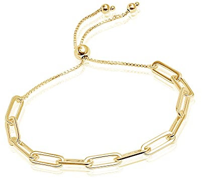 LeCalla Pulsera de cadena de eslabones con clip ajustable estilo bolo italiano macizo chapado en oro de 14 quilates mujer en plata de ley 925
