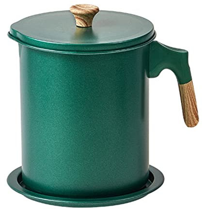 Filtro Aceite Cocina Usado con Colador y Tapa, 1,4L Verde Oscuro Hierro Contenedor de Grasa de Tocino Recipiente de Grasa de Bacon para Almacenar Aceite de Freír, Grasa de Cocina