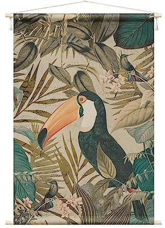 Bilderwelten Wandteppich Vintage Collage - Tukan im Dschungel türkis Botanik Holzstäbe Wandbehang XXL 135x90 cm Wandtuch Wandbild Tapisserie