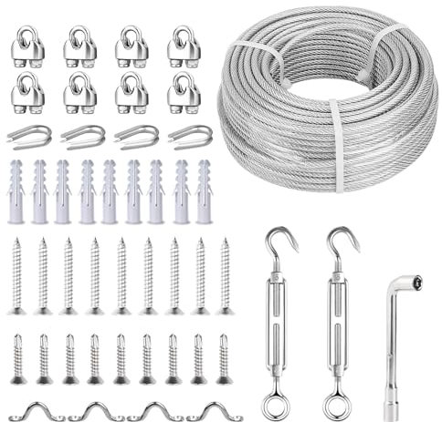fshihine 5mm Garden Wire for Climbing Plants, 30M PVC Coated Galvanised Steel Cable with Wire Rope Clips & Thimbles, Turnbuckles Tensioner Kit for Climbing Plants Support, Curtain, Fence, Clothesline