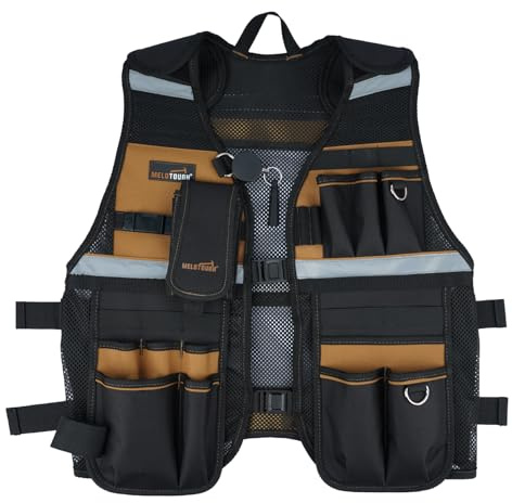 MELOTOUGH Tool Vest for Men Reflective Safety Tool Vest with Adjustable Straps,Removable Phone Holder for Electrical,Carpenters,Construction(Khaki)