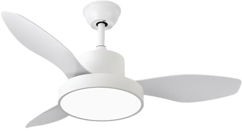 Abrila - Ventilador DC HAYATE | Color Níquel con tres Aspas en Blanco | con 6 Velocidades Ajustables | con 3 Temperaturas de Luz | Mando a Distancia Incluido