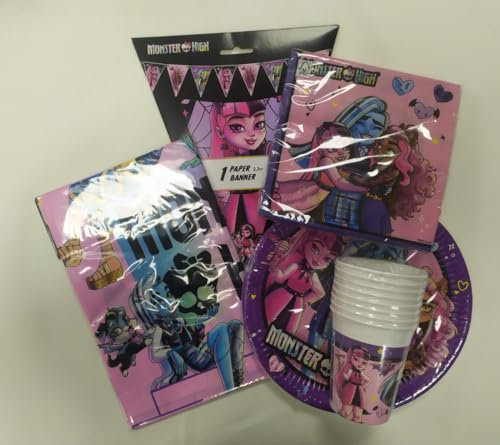 Lote de Vajillas Juveniles Monster High (8 Vasos, 8 Platos, 20 Servilletas, 1 Mantel y 1 Banderin) .Detalles y Decoración para Fiestas de Cumpleaños, Halloween, Bodas, Bautizos, Comuniones. AB