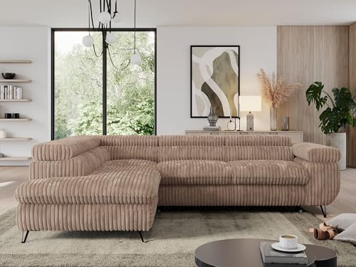 MKS MEBLE Cord Sofa L, Wohnlandschaft L-Form mit Schlaffunktion und Bettkasten, Schlafsofa mit Bettkasten, Ecksofa, Sofa mit Einstellbare Kopfstützen, Pedro L - Braun Cord - Links