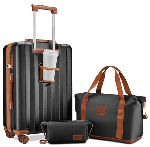 Joyway Koffer Mittelgroß Kofferset, Hartschalen Reisekoffer mit Getränkehalter, 4 Rollen TSA-Schloss Der Koffer Enthält 1 Reisetasche und 1 Kulturbeutel, Schwarz Braun