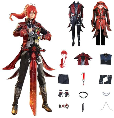 Daotutu Spiel Genshin Impact Cosplay Kostüm Outfit Rolle Diluc Ragnvindr Cosplay Uniform Komplettset Set Halloween Karneval Party Dress Up Anzug mit Perücke (L)