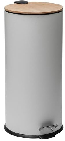 Well Home - Cubo de Basura Redondo con Pedal de 30 Litros y Tapa de Bambú H.60 cm