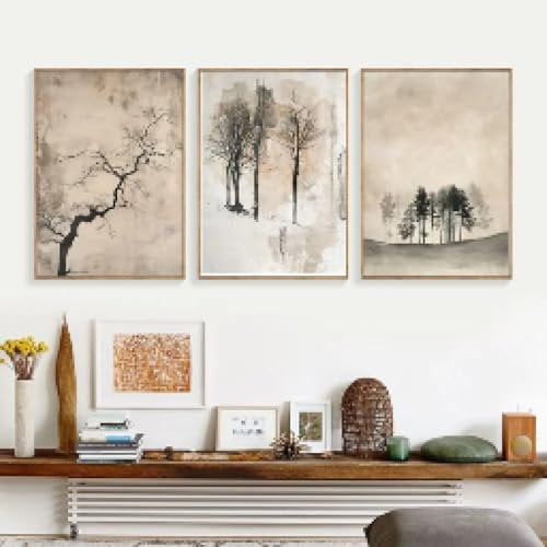KEMEIQI Minimalistische Bäume Leinwandgemälde Wandkunst Poster Japandi Wabi Sabi Drucke Neutrale Farben Wohnzimmer Home Art Decor 60x90cmx3 Rahmenlos